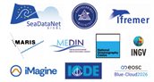 Logo's van SeaDataNet, Havforsknings Instituttet, Ifremer, MARIS, MEDIN, National Oceanography Centre, INGV, iMagine, IODE en EOSC